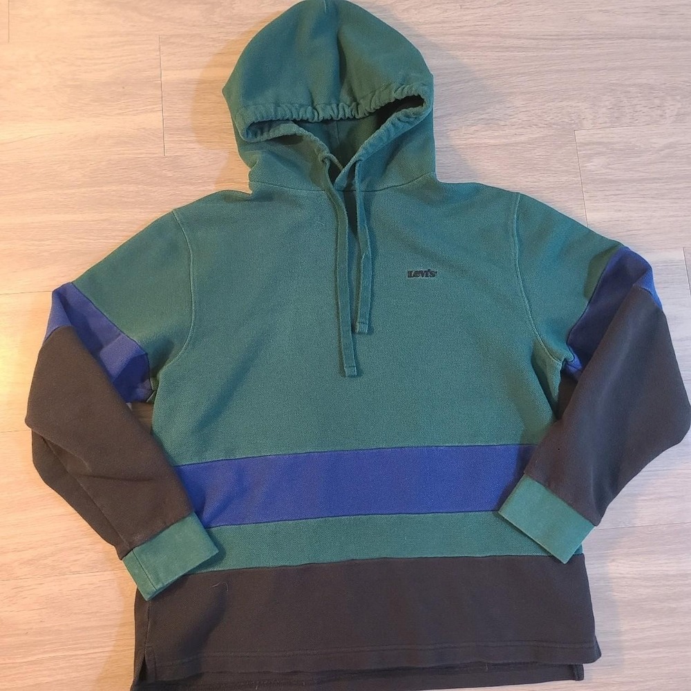 Levis Relaxed Fit Colorblock Hoodie Green Blue Grey Pique Knit Mens Medium